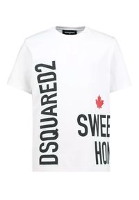 DSQUARED2 KIDS - Biały t-shirt z czarnymi napisami 4-16 lat. Kolor: biały. Materiał: bawełna. Wzór: napisy. Sezon: lato. Styl: klasyczny