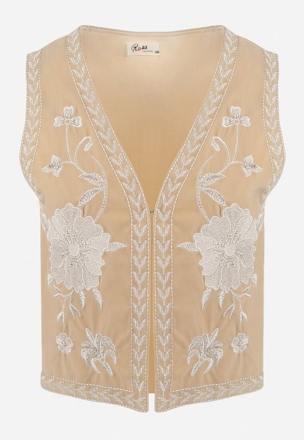 Born2be - Beżowa Welurowa Kamizelka z Ozdobnymi Haftami i Koralikami Hillse. Kolor: beżowy. Materiał: welur. Wzór: haft