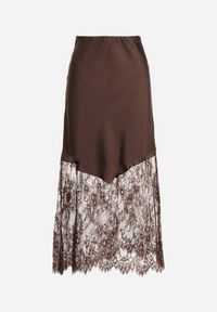 Born2be - Brązowa Satynowa Spódnica Ozdobiona Koronką Milori. Okazja: na spotkanie biznesowe. Kolor: brązowy. Materiał: satyna, koronka. Wzór: aplikacja, koronka. Sezon: wiosna, lato. Styl: biznesowy, klasyczny #6
