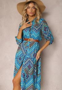 Renee - Niebieska Koszulowa Sukienka z Bawełnianej Tkaniny z Mozaikowym Wzorem Tesahina. Kolor: niebieski. Materiał: bawełna, tkanina. Sezon: lato. Typ sukienki: koszulowe #1