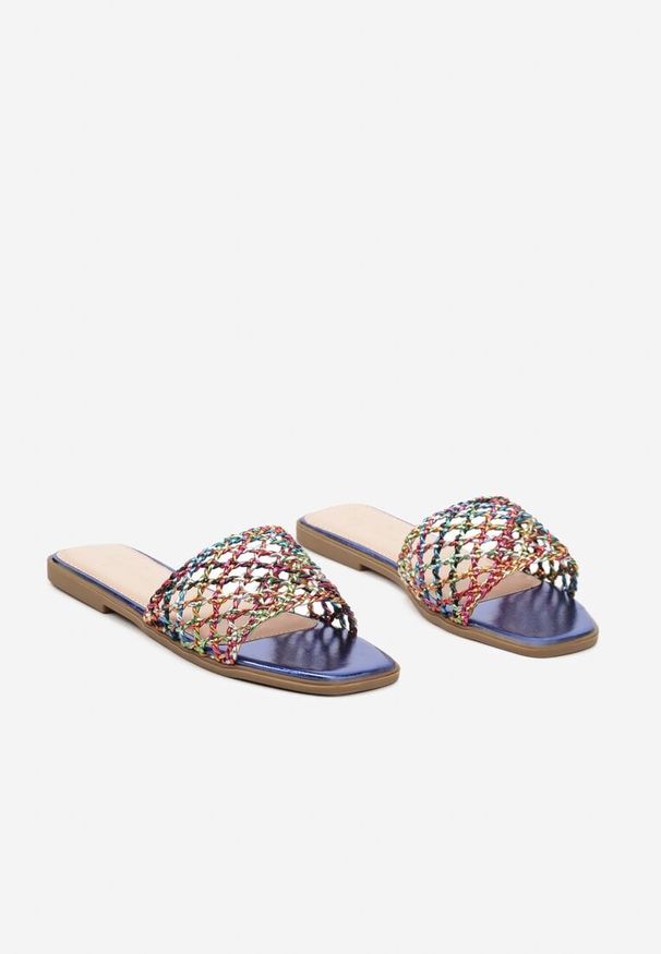 Born2be - Niebieskie Klapki na Płaskiej Podeszwie z Plecioną Cholewką Nellesa. Okazja: na spacer. Kolor: niebieski. Materiał: len, jeans. Sezon: lato. Obcas: na płaskiej podeszwie. Styl: wizytowy, elegancki. Wysokość obcasa: niski