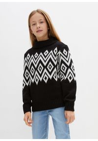 bonprix - Sweter dziewczęcy w norweski wzór. Kolor: czarny