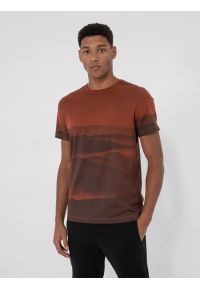 4f - T-shirt regular z nadrukiem allover męski. Kolor: brązowy. Materiał: bawełna, dzianina. Wzór: nadruk #1
