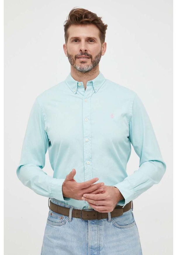 Polo Ralph Lauren koszula bawełniana męska kolor turkusowy slim z kołnierzykiem button-down. Okazja: na co dzień. Typ kołnierza: button down, polo. Kolor: turkusowy. Materiał: bawełna. Wzór: aplikacja. Styl: casual
