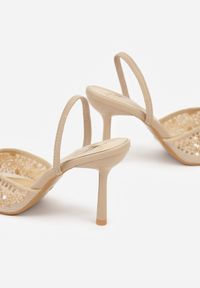 Born2be - Ciemnobeżowe Szpilki z Odkrytą Piętą i Aplikacjami z Perełkami i Cekinami Senefera. Okazja: na sylwestra. Kolor: beżowy. Materiał: satyna, futro. Wzór: aplikacja. Obcas: na szpilce. Styl: klasyczny, elegancki #3