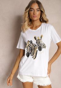 Renee - Biały T-shirt z Bawełny z Nadrukiem o Motywie Zwierzęcym Risabell. Okazja: na co dzień. Kolor: biały. Materiał: bawełna. Wzór: motyw zwierzęcy, nadruk. Styl: casual