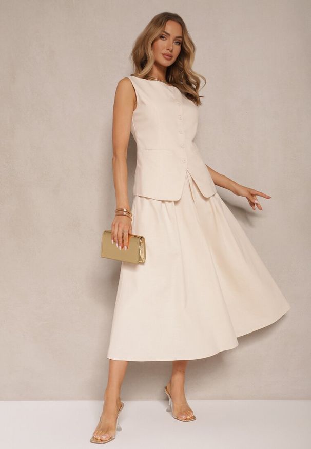Renee - Beżowa Rozkloszowana Spódnica z Bawełną High Waist Katavira. Okazja: na co dzień. Stan: podwyższony. Kolor: beżowy. Materiał: bawełna. Styl: elegancki, casual