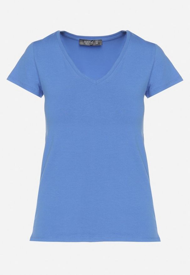 Born2be - Niebieski T-shirt z Bawełny z Dekoltem w Serek Liniviela. Okazja: na co dzień. Typ kołnierza: dekolt w serek. Kolor: niebieski. Materiał: bawełna. Styl: casual
