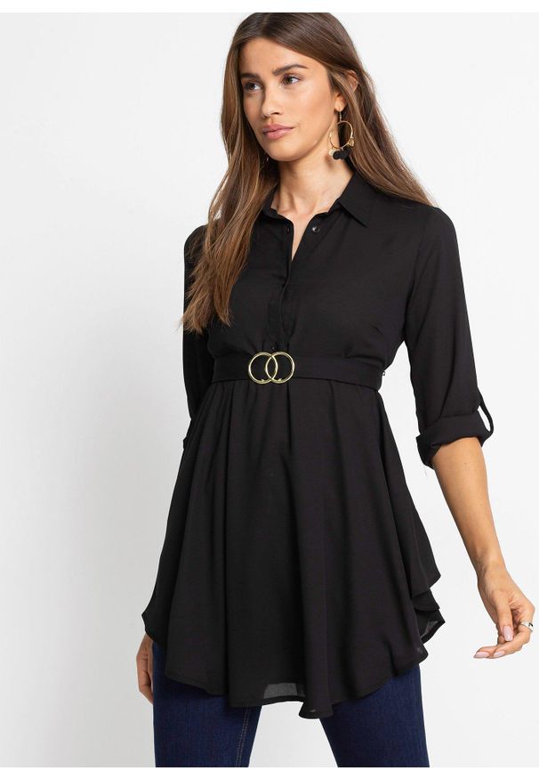 bonprix - Długa bluzka. Kolor: czarny. Materiał: poliester. Długość: długie