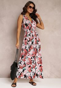 Renee - Czarno-Czerwona Rozkloszowana Sukienka Maxi z Gumkami w Pasie w Kwiaty Sasta. Kolor: czerwony. Materiał: tkanina. Wzór: kwiaty. Długość: maxi