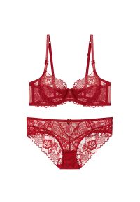 Intica - Komplet bielizny transparentnej z haftem Aleka. Kolor: czerwony. Materiał: tkanina, materiał. Wzór: haft