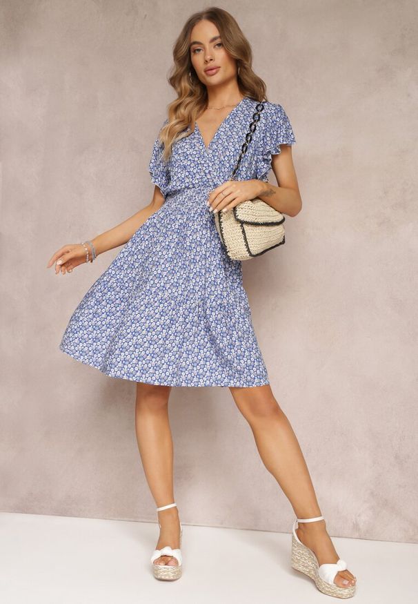 Renee - Niebieska Sukienka Mini z Gumką w Talii z Wiskozy Jensa. Kolor: niebieski. Materiał: wiskoza. Styl: wakacyjny. Długość: mini