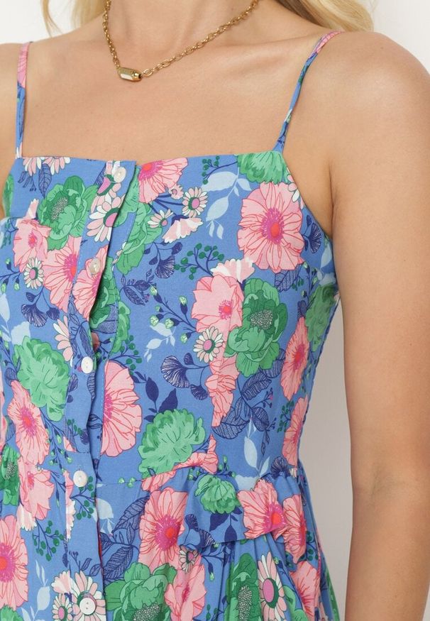 Born2be - Granatowa Kwiecista Sukienka z Wiskozy na Regulowanych Ramiączkach z Gumką w Talii Levalia. Typ kołnierza: dekolt kwadratowy. Kolor: niebieski. Materiał: wiskoza. Długość rękawa: na ramiączkach. Sezon: lato