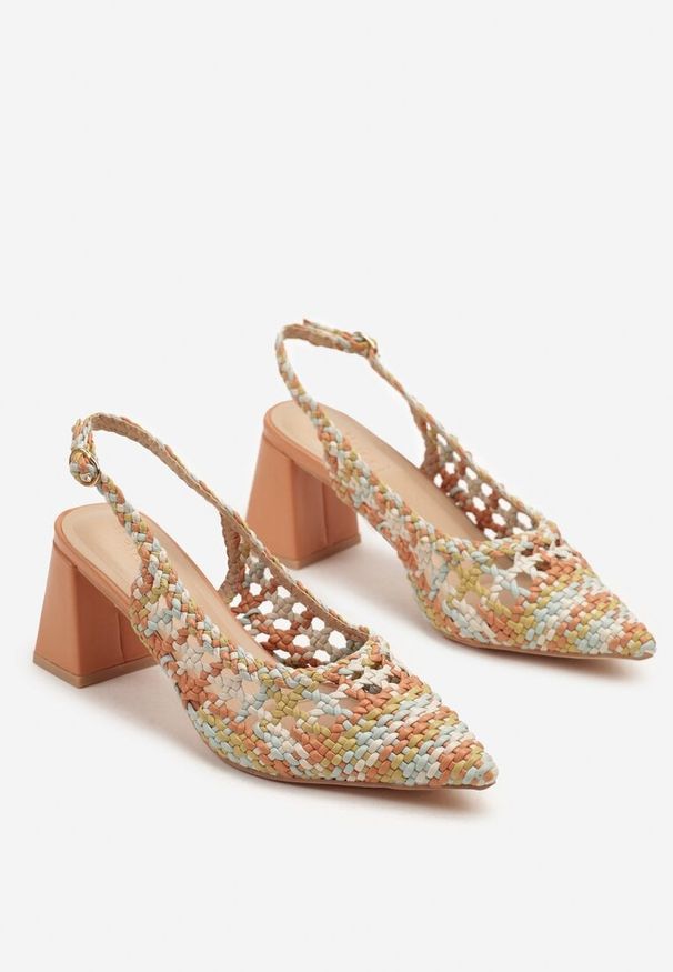 Renee - Pomarańczowe Sandały Czółenka na Słupku w Szpic bez Pięty Adiakka. Okazja: na spotkanie biznesowe. Zapięcie: pasek. Kolor: pomarańczowy. Materiał: jeans. Wzór: kwiaty. Obcas: na słupku. Styl: elegancki, biznesowy. Wysokość obcasa: średni