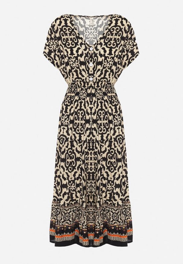 Born2be - Czarno-Beżowa Bawełniana Sukienka z Dekoltem w Serek Zapinana na Guziki z Gumką w Pasie Kelea. Okazja: na co dzień. Typ kołnierza: dekolt w serek. Kolor: czarny. Materiał: bawełna. Typ sukienki: proste. Styl: elegancki, casual, klasyczny, wizytowy