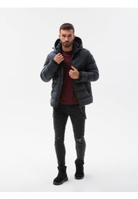 Ombre Clothing - Kurtka męska zimowa z nietypowym pikowaniem - czarna V3 OM-JAHP-0127 - XXL. Typ kołnierza: kołnierzyk stójkowy. Kolor: czarny. Materiał: polar, poliester. Sezon: zima