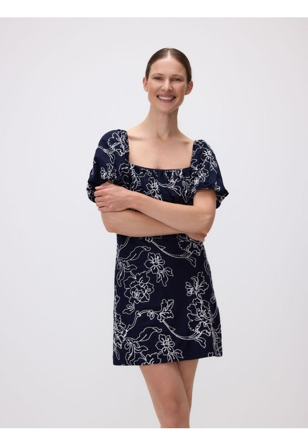 Reserved - Sukienka mini z haftem - granatowy. Kolor: niebieski. Materiał: wiskoza, dzianina. Wzór: haft. Długość: mini