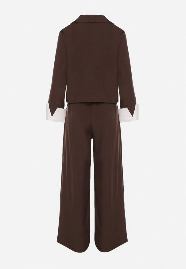 Born2be - Ciemnobrązowy Komplet Garniturowy Marynarka i Spodnie z Kontrastowymi Wstawkami Daviraya. Kolor: brązowy