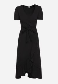 Born2be - Czarna Sukienka Taliowana z Kopertowym Dekoltem i Falbanką Tatania. Okazja: na co dzień. Kolor: czarny. Długość rękawa: krótki rękaw. Typ sukienki: kopertowe. Styl: casual, elegancki, klasyczny #5