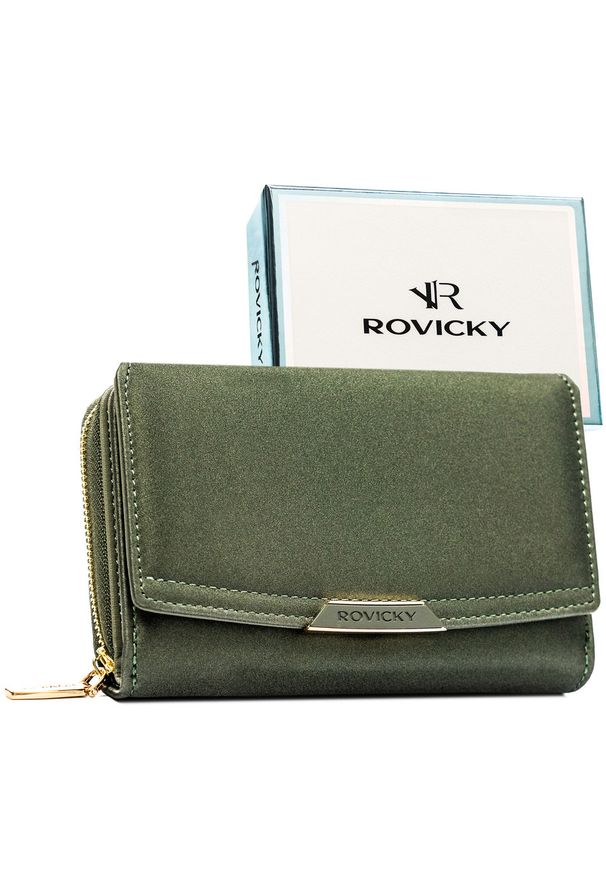 ROVICKY - Portfel damski ze skóry ekologicznej w zielonym kolorze, zamykany na zatrzask - Rovicky. Kolor: zielony. Materiał: skóra ekologiczna