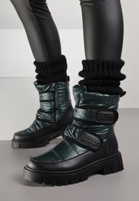 Born2be - Ciemnozielone Śniegowce na Rzepy Theman. Wysokość cholewki: za kostkę. Zapięcie: rzepy. Kolor: zielony. Materiał: materiał. Szerokość cholewki: normalna #1