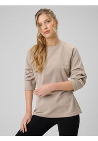 4f - 4F Bluza regular z wiązaniem i modalem damska - beżowa XS. Okazja: na co dzień, do domu. Kolor: beżowy. Materiał: dzianina, materiał. Długość rękawa: raglanowy rękaw. Wzór: gładki. Styl: casual #2