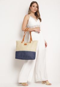 Born2be - Beżowo-Granatowa Torebka Boho z Papierowej Plecionki o Fasonie Tote na Suwak Jabba. Kolor: beżowy. Sezon: lato. Styl: boho #3