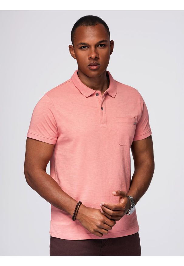Ombre Clothing - Klasyczna koszulka polo z bawełnianej dzianiny – różowa V4 - Rozmiar: L. Okazja: na co dzień. Typ kołnierza: polo. Kolor: różowy. Materiał: bawełna, dzianina. Styl: klasyczny