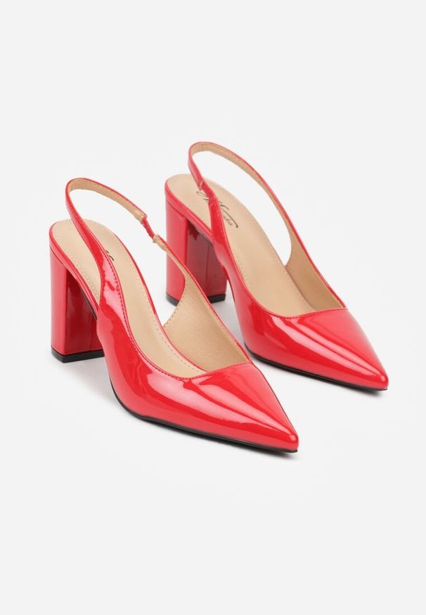 Renee - Czerwone Sandały Lakierowane na Słupku Slingback Halasela. Okazja: na co dzień, na imprezę. Kolor: czerwony. Materiał: lakier. Obcas: na słupku. Styl: wizytowy, casual, elegancki