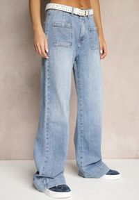Renee - Niebieskie Szerokie Jeansy High Waist z Naszytymi Kieszeniami z Przodu Delaniel. Stan: podwyższony. Kolor: niebieski. Wzór: aplikacja. Styl: elegancki #5