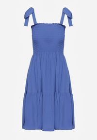 Renee - Niebieska Bawełniana Sukienka na Ramiączkach z Gumką w Pasie o Rozkloszowanym Kroju Holfea. Okazja: na co dzień, do pracy, na spacer. Kolor: niebieski. Materiał: bawełna. Długość rękawa: na ramiączkach. Sezon: lato. Typ sukienki: rozkloszowane, proste. Styl: casual, klasyczny, elegancki #4