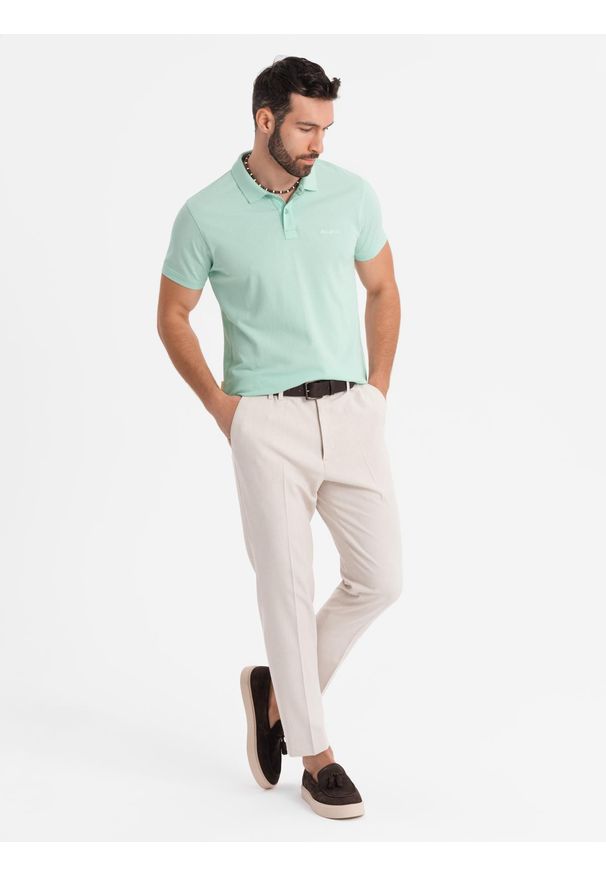 Ombre Clothing - Koszulka polo z bawełnianej dzianiny pique – miętowa V1 - Rozmiar: L. Okazja: na co dzień. Typ kołnierza: polo. Kolor: miętowy. Materiał: bawełna, dzianina. Długość rękawa: krótki rękaw. Długość: krótkie. Wzór: haft. Styl: casual, elegancki