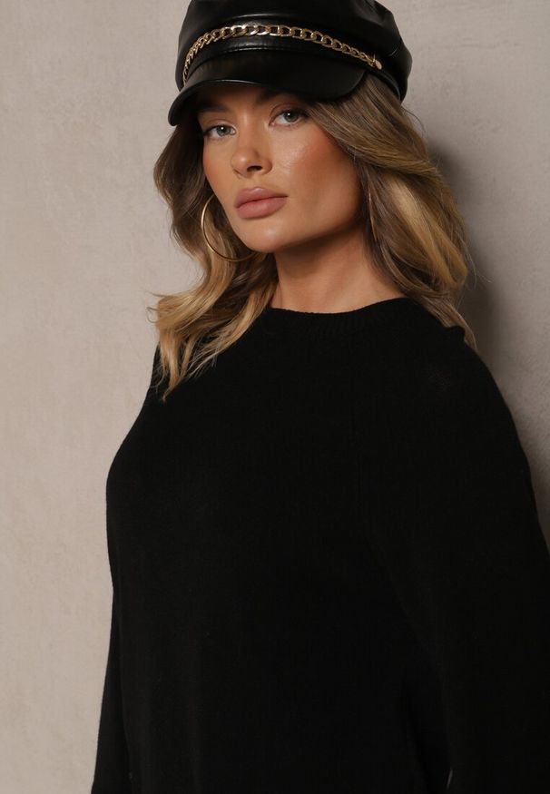 Renee - Czarny Dzianinowy Komplet z Wiskozą Sweter i Spodnie z Rozcięciami i Gumką w Pasie Malwizelle. Kolor: czarny. Materiał: wiskoza, dzianina