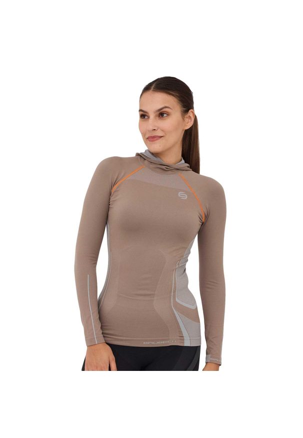Bluza damska z kapturem Brubeck FITNESS. Okazja: na co dzień. Typ kołnierza: kaptur. Kolor: brązowy. Materiał: poliamid, elastan. Styl: sportowy, casual, elegancki. Sport: fitness