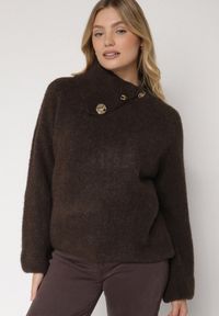 Born2be - Brązowy Golf z Wełną i Metalicznymi Guzikami Vidora. Okazja: na co dzień. Typ kołnierza: golf. Kolor: brązowy. Materiał: wełna. Wzór: aplikacja. Styl: casual, elegancki #6