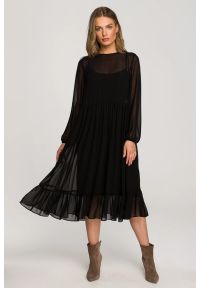 Stylove - Sukienka wieczorowa szyfonowa rozkloszowana z falbaną czarna. Okazja: na randkę. Kolor: czarny. Materiał: szyfon. Styl: wizytowy. Długość: maxi #3