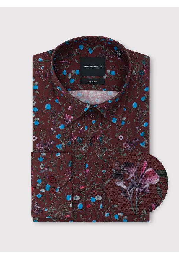 Pako Lorente - PAKO LORENTE – Bordowa koszula w kwiaty. Kolor: czerwony. Materiał: elastan, bawełna. Długość rękawa: długi rękaw. Długość: długie. Wzór: kwiaty