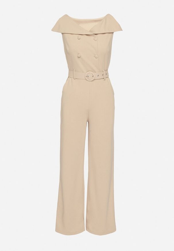 Born2be - Beżowy Kombinezon z Wywijanym Dekoltem w Łódkę i Paskiem z Klamrą Galithiela. Okazja: na co dzień. Kolor: beżowy. Wzór: aplikacja. Styl: casual, elegancki, klasyczny