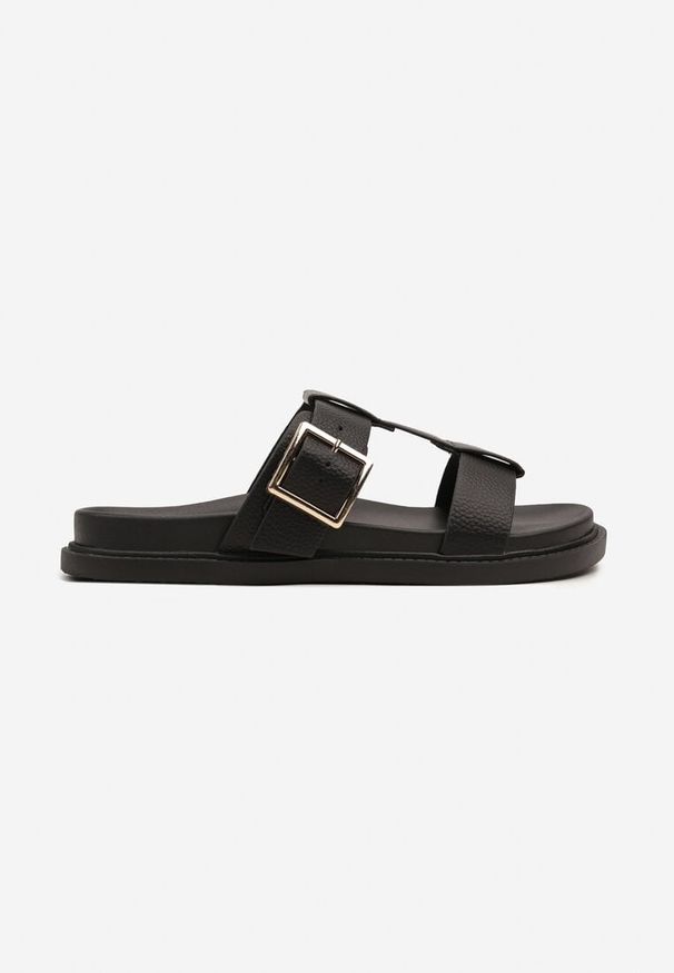 Born2be - Czarne Klapki z Geometrycznymi Paskami z Klamrą Ralvania. Okazja: na co dzień. Kolor: czarny. Wzór: geometria. Styl: klasyczny, elegancki, casual