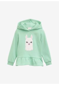 bonprix - Bluza z kapturem marki Tom Tailor z falbaną. Typ kołnierza: kaptur. Kolor: zielony. Wzór: aplikacja