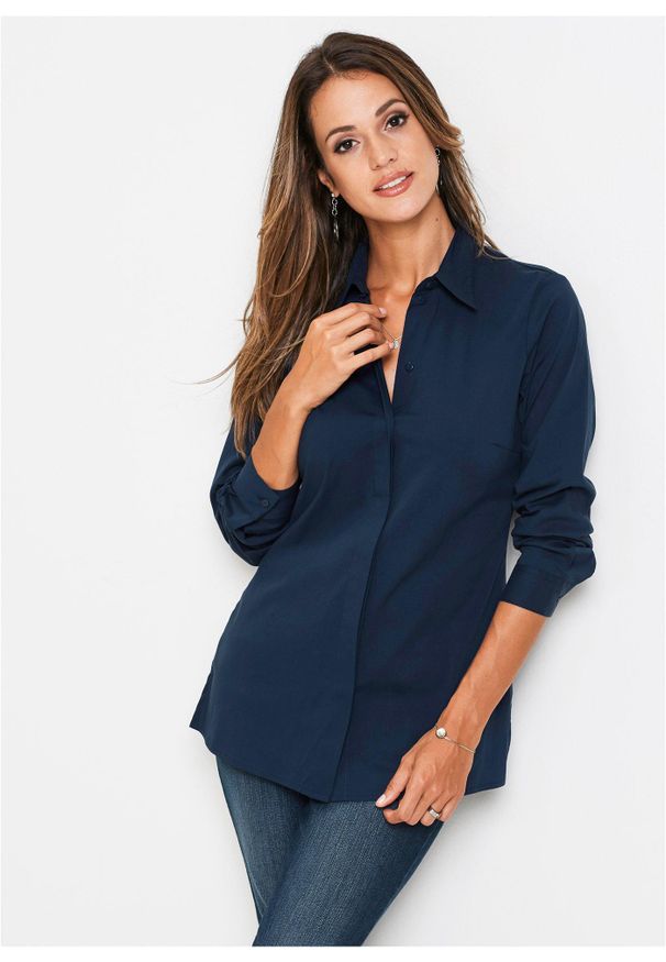 bonprix - Długa bluzka ze stretchem. Kolor: niebieski, czerwony. Długość: długie