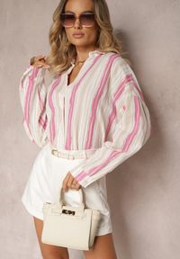 Renee - Beżowo-Fuksjowa Casualowa Koszula z Bawełny w Paski Sileata. Okazja: na co dzień. Kolor: różowy. Materiał: bawełna. Wzór: paski. Styl: casual #6
