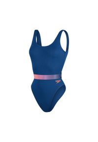 Strój pływacki jednoczęściowy damski Speedo Belted Deep U-Back. Kolor: niebieski, wielokolorowy, różowy. Materiał: poliester, lycra