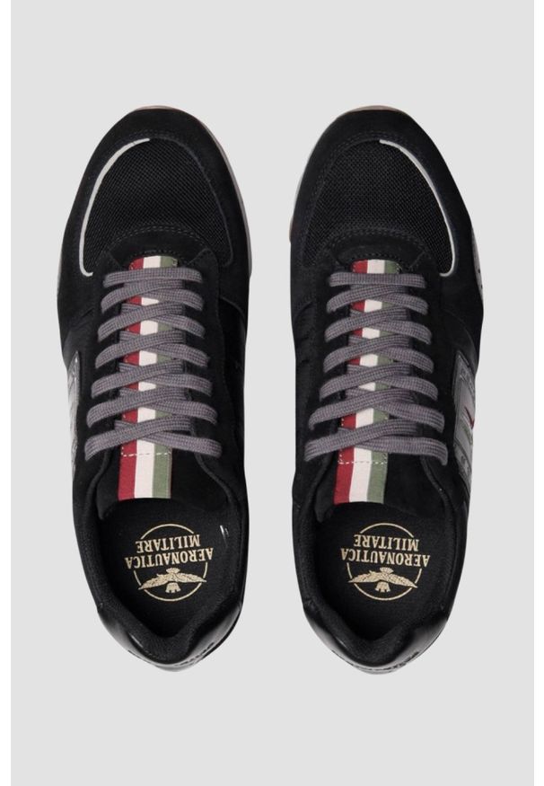 Aeronautica Militare - AERONAUTICA MILITARE Czarne męskie sneakersy Frecce Tricolori. Okazja: na co dzień. Kolor: czarny. Materiał: zamsz, tkanina. Wzór: haft