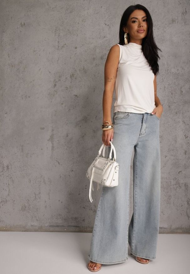 Renee - Biała Bluzka Top Bez Rękawów ze Stójką Nedire. Typ kołnierza: kołnierzyk stójkowy. Kolor: biały. Materiał: jeans, materiał, elastan, poliester. Długość rękawa: bez rękawów. Styl: elegancki