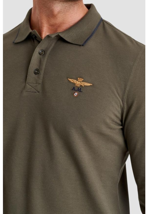 Aeronautica Militare - AERONAUTICA MILITARE Zielony męski longsleeve polo Piqué. Typ kołnierza: polo. Kolor: zielony. Długość rękawa: długi rękaw