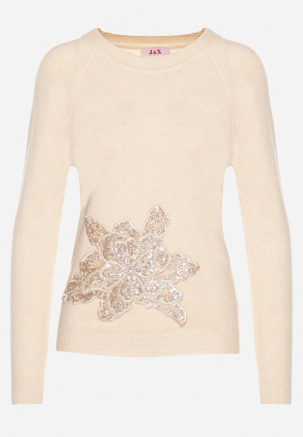 Born2be - Beżowy Sweter Ozdobiony Cekinami Koralikami i Cyrkoniami w Kształcie Kwiatka Romiella. Okazja: na co dzień. Kolor: beżowy. Materiał: jeans. Wzór: aplikacja, kwiaty. Styl: klasyczny, casual, elegancki