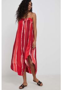 Armani Exchange sukienka kolor czerwony midi rozkloszowana. Kolor: czerwony. Materiał: tkanina. Długość rękawa: na ramiączkach. Typ sukienki: rozkloszowane. Długość: midi