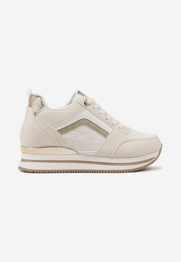 Born2be - Beżowe Sneakersy na Ukrytym Koturnie z Metaliczną Wstawką i Brokatem Forcia. Nosek buta: okrągły. Zapięcie: sznurówki. Kolor: beżowy. Materiał: materiał. Obcas: na koturnie. Wysokość obcasa: średni