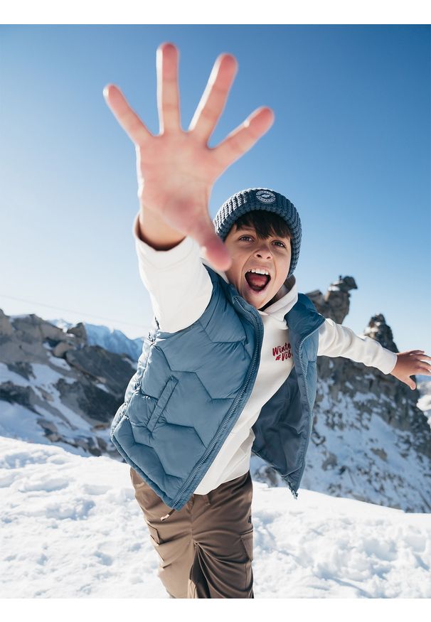 4f - 4F Bezrękawnik puchowy z wypełnieniem syntetycznym chłopięcy - granatowy 140 (9-10 lat). Okazja: na co dzień. Kolor: niebieski. Materiał: syntetyk, puch. Długość rękawa: bez rękawów. Sezon: lato. Styl: młodzieżowy, klasyczny, casual